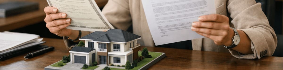 diferenca-entre-certidao-de-inteiro-teor-e-matricula Funcionária de cartório analisa atentamente dois documentos enquanto está sentada em sua mesa de trabalho, onde há também uma maquete de um imóvel, representando a relação entre certidões e registros imobiliários.