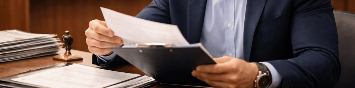 matrícula mãe imóvel Funcionário de cartório sentado atrás de uma mesa de madeira, analisando atentamente um documento preso a uma pasta