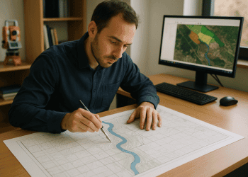 Um profissional analisa atentamente um mapa topográfico sobre a mesa em seu escritório, com um computador exibindo imagens de terreno ao fundo, em ambiente iluminado por luz natural