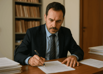 Um funcionário de cartório em ambiente interno, analisando documentos em sua mesa de madeira, com expressão concentrada e iluminação natural suave, transmitindo realismo e contexto institucional