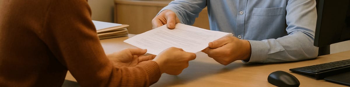 Uma pessoa entrega documentos a um funcionário da prefeitura em um ambiente institucional, com iluminação suave, enquadramento em plano médio e clima de atendimento oficial