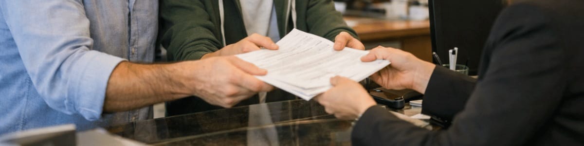 Imagem realista de um adulto e um menor entregando documentos em um cartório, com expressão de atenção e cooperação, em ambiente institucional bem iluminado, transmitindo organização, confiança e formalidade no atendimento