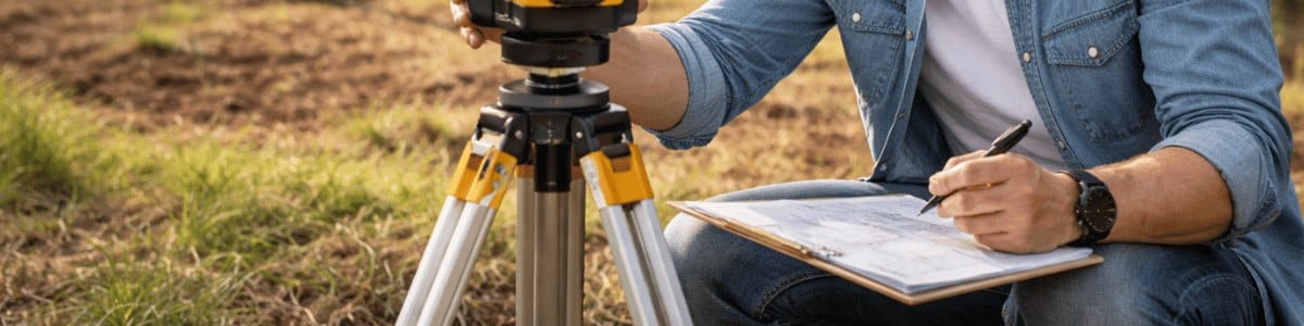 Pessoa realizando a medição de um terreno ao ar livre, utilizando equipamento técnico sobre tripé