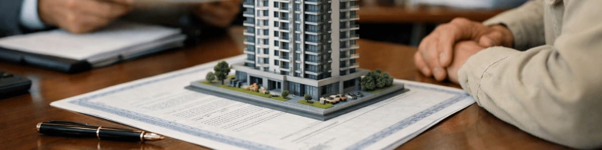 Uma certidão está sobre uma mesa de madeira em um ambiente de cartório, com uma maquete detalhada de um prédio posicionada sobre o documento. Ao fundo, pessoas aparecem levemente desfocadas em atendimento, reforçando o contexto institucional, enquanto a iluminação suave destaca os elementos principais da cena.