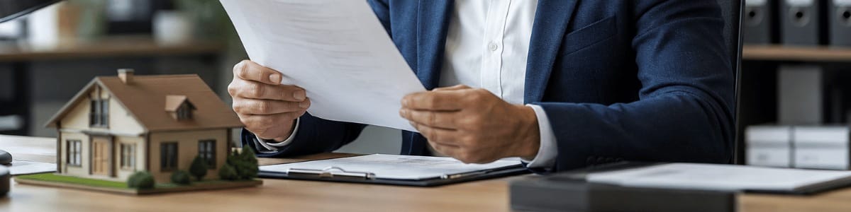 Funcionário de cartório analisando um documento em sua mesa, com uma maquete de casa ao lado, em um ambiente institucional moderno, realista e com iluminação natural.