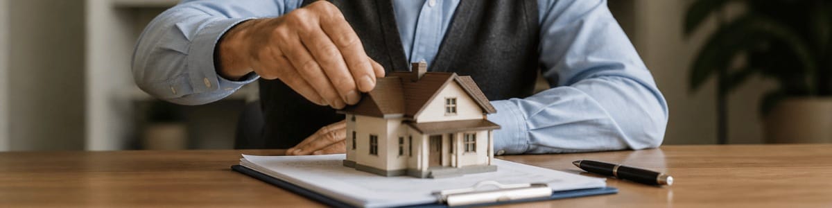 Um senhor idoso posiciona cuidadosamente uma maquete de casa sobre um contrato em cima da mesa, com uma caneta ao lado, em um ambiente interno com iluminação suave e natural, transmitindo um contexto institucional e de tomada de decisão.