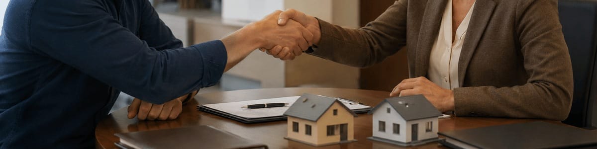 Duas pessoas formalizam uma permuta de imóveis em um ambiente profissional, apertando as mãos sobre uma mesa com documentos e miniaturas de casas, transmitindo confiança, negociação e segurança jurídica