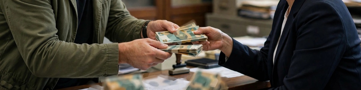 pessoa pagando funcionária do cartório no balcão, com notas estilizadas e desfocadas sem valor legível, ambiente institucional organizado