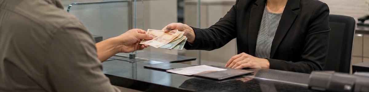 Uma pessoa realiza o pagamento de uma taxa em um cartório, entregando notas de reais ao atendente em um ambiente profissional e institucional